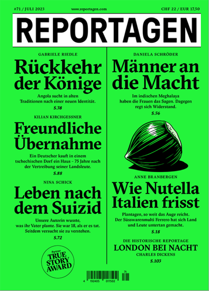 Grosse Reportagen im Taschenbuch. Herausragende Autor:innen berichten, was hinter den Kulissen des Weltgeschehens passiert. In dieser Ausgabe: - Die Rückkehr der Könige. Angola sucht in alten Traditionen nach einer neuen Identität. Von Gabriele Riedle - Freundliche Übernahme. Ein Deutscher kauft in einem tschechischen Dorf ein Haus - 75 Jahre nach der Vertreibung seiner Landsleute. Von Kilian Kirchgessner - Leben nach dem Suizid. Unsere Autorin wusste, was ihr Vater plante. Sie war 18, als er es tat. Seitdem versucht sie zu verstehen. Von Nina Schick - Männer an die Macht. Im indischen Meghalaya haben die Frauen das Sagen. Dagegen regt sich Widerstand. Von Daniela Schröder - Wie Nutella Italien frisst. Plantagen, so weit das Auge reicht. Der Süsswarenmulti Ferrero hat sich Land und Leute untertan gemacht. Von Anne Branbergen - Die historische Reportage: London bei Nacht. Ein Schriftsteller verbringt seine schlaflosen Nächte mit Obdachlosen. Von Charles Dickens