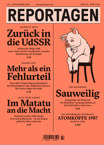 Grosse Reportagen im Taschenbuch. Herausragende Autor:innen berichten, was hinter den Kulissen des Weltgeschehens passiert. In dieser Ausgabe: - Zurück in die UdSSR. Entlang der Wolga trifft unser Autor auf eine Gesellschaft zwischen Aufschwung und Nostalgie. Von Marzio G. Man - Mehr als ein Fehlurteil. Nach ihrer Vergewaltigung identifiziert die Schriftstellerin Alice Sebold den Falschen. Mit fatalen Folgen für beide. Von Rachel Aviv - Im Matatu an die Macht. Taxibusse machen Mike Sonko reich und einflussreich - bis ihn Kenyas politische Elite ausbremst. Von Isaac Otidi Amuke - Sauweilig. Langweilen sich Schweine wie Menschen? Lernexperimente aus dem Stall liefern Antworten. Von Urs Mannhaft - Die historische Reportage: Atomköpfe 1987. Martin Amis berichtet aus dem geschlossenen Kosmos der Atomwaffen-Spezialisten.