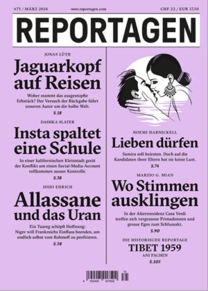 Grosse Reportagen im Taschenbuch. Herausragende Autor:innen berichten, was hinter den Kulissen des Weltgeschehens passiert. In dieser Ausgabe: - Jaguarkopf auf Reisen. Woher stammt das ausgestopfte Erbstück? Der Versuch der Rückgabe führt unseren Autor um die halbe Welt. Von Jonas Lüth - Insta spaltet eine Schule. In einer kalifornischen Kleinstadt gerät der Konflikt um einen Social-Media-Account vollkommen ausser Kontrolle. Von Dashka Slater - Allassane und das Uran. Ein Tuareg schöpft Hoffnung: Niger will Frankreichs Einfluss beenden, um endlich selbst vom Rohstoff zu profitieren. Von Issio Ehrich - Lieben dürfen. Samira soll heiraten. Doch auf die Kandidaten ihrer Eltern hat sie keine Lust. Von Noemi Harnickell - Wo Stimmen ausklingen. In der Altersresidenz Casa Verdi treffen sich vergessene Primadonnen und grosse Egos zum letzten Akt. Von Marzio G. Mian - Die historische Reportage: Tibet 1959. Eine strapaziöse Flucht über den Himalaya. Von Ami Pachen