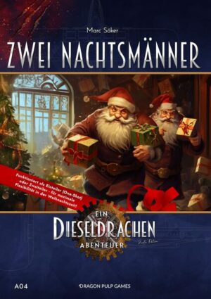 Vergessen Sie Steampunk! Denken Sie an Orks auf Kübelwägen und Elfen in Jagdflugzeugen, Zwerge in Zeppelinen und Trolle an Maschinengewehren! Dieseldrachen ist ein Fantasy-Rollenspiel im Stile der Abenteuerromane der 1930er, also wenn Archäologen zur Peitsche greifen und Mumiengräber öffnen und später gegen Nazis mit Raketenrucksäcken kämpfen... Willkommen in der Welt von Dieseldrachen! Zwei Nachtsmänner Thema: Ein Weihnachtsabenteuer in zwei Teilen Schwerpunkt: Gesellschaft, Natur, Kampf, Magie Ort: Das beschauliche Winterdorf Rodelheim in Cassia Komplexität: Einsteiger Dauer: 2 zusammenhängende Kurzabenteuer, je 3 Stunden STILLE NACHT, HEILIGE NACHT, ALLES SCHLÄFT, ZWEI WAR’N WACH.... Schreck am Weihnachtsmorgen! Im Dorf Rodelheim wurden über Nacht alle Geschenke gestohlen! Die Dorfbewohner sind erschüttert. Gelingt es den Abenteurern, die Diebe zu finden und die Geschenke bis zum Abend zurück zu holen? Weihnachten steht auf dem Spiel! Zwei Nachtsmänner kann als Einteiler (One-Shot) oder Zweiteiler gespielt werden spontan kürzoder verlängerbar. Es ist das perfekte Abenteuer für die unplanbare Vorweihnachtszeit, in der Runden schonmal wegen Weihnachtsfeiern, Shoppingtouren oder Schneegestöber ausfallen können. Und wenn dann nach Weihnachten doch noch Zeit ist, passt der zweite Teil thematisch auch perfekt zu Silvester!