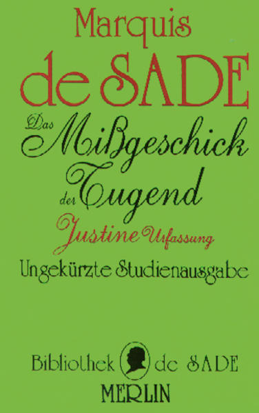 Diese erste Fassung des Romans "Justine" entstand 1787 und wurde zu Lebzeiten des Marquis de Sade nicht veröffentlicht. Schon diese erste Version enthält jedoch alle Stationen auf dem Leidensweg der unglücklichen Justine und alle schändlichen Erfolge der sittlich verwahrlosten Juliette. In dieser knappen, verdichteten Form lenken keine Äußerlichkeiten von der deprimierenden, brutalen Behauptung der Unmenschlichkeit des Menschen ab.