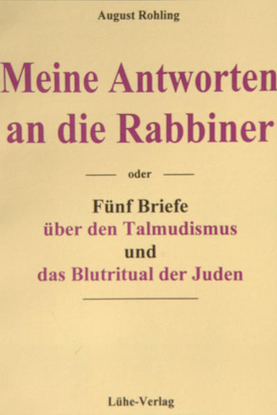 Prof. Dr. Aug. Rohling reagierte mit der Veröffentlichung seiner „Antworten an die Rabbiner“ im Jahre 1883 auf die verschiedensten Angriffe jüdischerseits auf das seit 1871 in sechs Auflagen erschienene wissenschaftliche Werk „Der Talmudjude“. Obwohl die Richtigkeit sämtlicher Zitate des „ Talmudjuden “ wiederholt nachgeprüft wurde und unter Fachkennem diesbezüglich nicht die geringsten Zweifel bestanden, wurde Prof. Rohling in der Öffentlichkeit immer wieder angegriffen. In diesem Buch antwortet Rohling in Form von fünf Briefen auf die Angriffe seitens der Rabbiner auf sein wissenschaftliches Werk und auf in der Öffentlichkeit verbreitete unzutreffende Behauptungen über den Talmudismus und das Blutritual der Juden. Das hier vorgelegte Faksimile basiert auf einer Originalausgabe von „Meine Antworten an die Rabbiner“ aus dem Jahre 1883 in Prag, das ein Theologisches Institut dankenswerterweise aufbewahrt hatte.