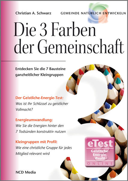 Enthält den geistlichen Energietest 7 Merkmale, die gesunde christliche Gemeinschaften rund um den Globus miteinander teilen. Der Geistliche-Energie-Test hilft jedem Gruppenmitglied, den Bereich ausfindig zu machen, der für ihn der Schlüssel zu geistlicher Vollmacht ist. Dieses Wissen macht es möglich, sich genau in der Weise in die Gruppe einzubringen, die zum eigenen Profil passt. So entstehen Gruppen, die von den Teilnehmern als "relevant" erlebt werden-und von potenziellen Teilnehmern erst recht.