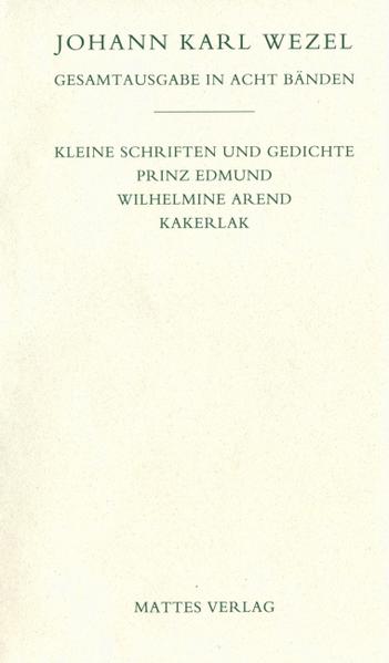 Der vorliegende Band enthält erstmals alle Gedichte Wezels, zum Teil in Erstdrucken nach Handschriften. Bei den meisten handelt es sich um Jugend- oder um Alterswerke, die einen neuen Einblick in Wezels Entwicklung als Autor geben. Dazu kommt mit Prinz Edmund ein in der deutschen Literatur seltenes Beispiel eines komischen Versepos, das mit der Darstellung von priesterlichem Missbrauch, der Auseinandersetzung mit sadistisch geprägter Sexualität und der Kritik an der Charakterschwäche des herrschenden Adels kaum zeitgemäßer sein könnte. Den wesentlichen Teil des Bandes nimmt Wezels Briefroman Wilhelmine Arend, oder die Gefahren der Empfindsamkeit ein. Wezel wählt hier eine weibliche Hauptfigur, die unter privaten und gesellschaftlichen Problemen leidet, welche in Verbindung mit ihrer Konstitution zu psychischen Krankeitssymptomen führen. Wilhelmine Arend ist, im Jargon der Zeit, eine (über-)empfindsame Schwärmerin, die ihren übersteigerten Moralvorstellungen und ihrer psychischen Hypersensibilität zum Opfer fällt. Wezel zeichnet diese Entwicklung mit außerordentlichem psychologischem Gespür minutiös nach. Schließlich wird der Band abgerundet durch Wezels satirisches Feenmärchen, das den traditionellen Fauststoff unter dem Titel Kakerlak, oder Geschichte eines Rosenkreuzers aus dem vorigen Jahrhunderte gestaltet. Das durchgängig prosimetrisch gehaltene Werk demonstriert am Ende von Wezels (bewusster) schriftstellerischer Karriere noch einmal seine ganze sprachliche Souveränität, seinen launigen Humor, seine satirischen Qualitäten ebenso wie seine hier ganz spielerisch daherkommende philosophische Tiefe.