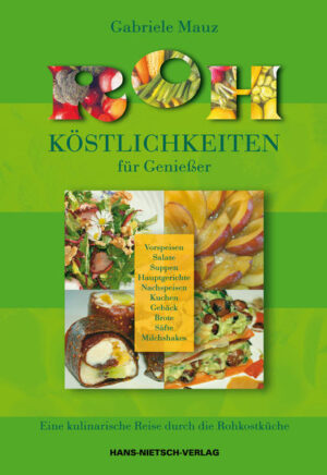 Frische pflanzliche Nahrung, wie die Natur sie uns schenkt, rückt immer mehr ins Blickfeld ernährungsbewusster Menschen, aber auch die Wissenschaft bestätigt mit jeder neuen Studie ihre Vorzüge. In ihr finden wir alles, was wir für unser Wohlbefinden brauchen, und mit ein wenig Fantasie und Liebe zubereitet ist sie ein kulinarischer Hochgenuss. Deshalb erfreut sich frische, nicht gekochte Nahrung immer größerer Beliebtheit. Gut gereifte Früchte mit ihren herrlichen Aromen, vielfarbige Gemüse und Salate, selbstgezogene Sprossen und Keimlinge als kleine Kraftpakete, Nüsse und Samen, Öle, Kräuter und Gewürze bieten die vielfältigsten Möglichkeiten, kulinarisch kreativ zu werden. Wenn die eigene Inspiration mal fehlt, hilft dieses neue Rohkost-Rezeptbuch mit 100 einfachen bis ausgefallenen Kreationen weiter. Aus dem Inhalt: Vorspeisen (Tacos mit dreierlei Füllungen, Indische Kokosküchlein mit Radicchiosalat), Suppen (Avocadosuppe mit Orangen, Klare Tomatensuppe mit Gemüsenüdeli), Hauptgerichte (Spagettikürbis mit Basilikumsoße und Zucchinichips), Desserts (Erdbeerrosette auf Rhabarberspiegel mit Walusskrokant), Kuchen (Nusstorte mit lauwarmer Pflaumensoße), Gebäck (Aprikosen-Halbmonde "Ali Baba"), Brote (Kräuterbrot), Salate (Fenchel-Pfefferminzsalat mit frischen Feigen), Getränke, Brotaufstriche u.v.m.