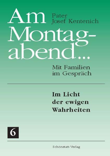 In der Reihe „Am Montagabend ...“ werden die Vorträge veröffentlicht, die Pater Josef Kentenich (1885-1968) im Zeitraum von 1955 bis 1964 für Ehepaare in Milwaukee/USA gehalten hat. Im 6. Band „Im Licht der ewigen Wahrheiten“ steht zunächst die Wertschätzung der heiligen Messe im Mittelpunkt der Ausführungen. Pater Kentenich zeigt theologische und historische Zusammenhänge auf und macht seine Zuhörer vertraut mit Texten und Symbolen der heiligen Messe. Dabei legt er einen besonderen Akzent auf die Bedeutung der heiligen Kommunion. Das Interesse seiner Zuhörer regt Pater Kentenich an, im Anschluss daran über die schwere Sünde und die ewigen Wahrheiten zu sprechen. Die Beschäftigung mit den Letzten Dingen-Tod, Gericht, Himmel und Hölle-lässt uns das eigene Leben im Licht Gottes sehen und richtet unseren Blick auf den letzten Weg: den Heimweg zu Gott, unserem Vater.