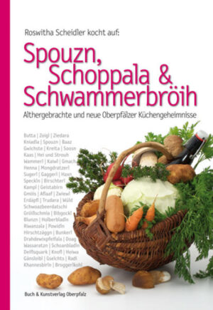 Wenn bei Roswitha Scheidler die Töpfe und Pfannen klappern, dann gibt es echte Gaumenfreuden. Ihre mit viel Humor gewürzten Kochkurse sind Kult. Kein Wunder: Die Gerichte der Meisterin der ländlichen Hauswirtschaft und Neustädter Ehrenkreisbäuerin sind ebenso einfach wie lecker. Und ihre Rezepte sind ebenso alltagstauglich wie gesund. Die „Scheidlerin“, 1930 am Fuße des Steinwalds in Erbendorf geboren, kocht nach altüberlieferten Rezepten, so wie sie es von ihrer Mutter und ihrer Schwiegermutter gelernt hat. Die frischen Zutaten stammen fast ausschließlich aus der Region, in der Roswitha Scheidler aufgewachsen ist, in der sie ihr ganzes Leben verbracht hat und mit der sie verwurzelt ist. „Schoppala, Spouzn und Schwammerbröih“ ist ein ungewöhnliches Kochbuch. Es ist eine kulinarische Liebeserklärung einer Bäuerin an eine Region, in der Liebe wirklich durch den Magen geht. Viele witzige Gstanzln, ein kleines Mundartlexikon sowie die ungewöhnliche Illustration machen Lust darauf, die Oberpfalz kulinarisch neu zu entdecken.