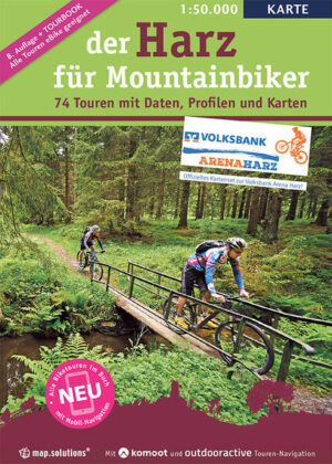 Set in Buchform-Klarsichthülle bestehend aus einer topographischen Mountainbike-Karte im Maßstab 1:50.000 und einem separaten Tourbook (Softcover) mit 74 beschriebenen MTB-Touren. Darstellung des Ost- und West-Harz auf Vorder- und Rückseite des Kartenblattes mit dem kompletten und offiziell ausgeschilderten MTB-Streckennetz der "Volksbank-Arena-Harz". Im Tourbook werden alle ausgeschilderten und klassifizierten Mountainbike-Routen (Gesamtlänge 2.200 km) mit technischen Tourendaten, einer Detailkarte, Höhenprofil und Kurzinfos beschrieben. Startpunkte der MTB-Touren (Anzahl Touren) in: St. Andreasberg (5), Braunlage/Hohegeiß (6), Bad Grund (2), Bad Lauterberg (4), Bad Sachsa (2), Goslar/Hahnenklee (5), Bad Harzburg (6), Herzberg (2), Lautenthal/Wolfshagen/Langelsheim (4), Altenau/Clausthal-Zellerfeld/Wildemann/Schulenberg (11), Osterode (3), Seesen (5), Walkenried (2), Ilsenburg/Schierke/Drei-Annen-Hohne (7), Ilfeld/Neustadt TH (3), Ellrich/Sülzhayn (4), Blankenburg/Elbingerode/Hasselfelde (3)