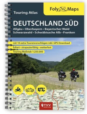 Der FolyMaps Touring Atlas Deutschland Süd ist ein praktisches Ringbuch im Format A5. Der kompakte Straßen-Atlas passt in den Tankrucksack auf dem Motorrad oder in jedes Handschuhfach. Durch die beidseitige Folierung sind die Kartenseiten wetterfest, reißfest sowie mit einem wasserlöslichen Stift beschreibbar. So lassen sich eigene Routen oder Anmerkungen eintragen und später wieder entfernen. Das Ringbuch FolyMaps Deutschland Süd ist ein idealer Begleiter für das Motorrad, Cabrio oder Wohnmobil. Zusätzlich gibt es die 10 schönsten Touren der jeweiligen Region als doppelseitige Tourentipps mit eingezeichneten Routen und redaktionellen Empfehlungen. Ohne Ortsregister Folgende Regionen sind im FolyMaps Touring Atlas Deutschland Süd enthalten: - Allgäu / Bayerisch Schwaben - Bayerischer Wald - Franken - Schwarzwald