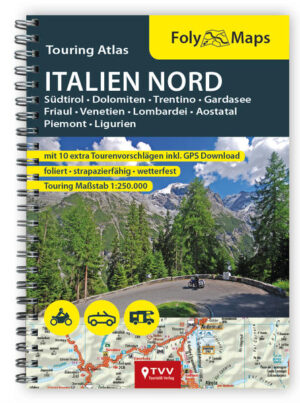 FolyMaps Touring-Atlas. Der laminierte Ringbuch Atlas. Mit praktischer Spiralbindung. ca. 75 Seiten Atlas plus 10 Extra Tourentipps Für Motorrad • Cabrio • Wohnmobil Tourenmaßstab: 1:250 T Die idealen Begleiter für das Motorrad, Cabrio oder Wohnmobil. Die kompakten Straßen-Atlanten im Format A5 passen in den Tankrucksack auf dem Motorrad oder in jedes Handschuhfach. Durch die beidseitige Folierung sind die Kartenseiten wetterfest, reißfest sowie mit einem wasserlöslichen Stift beschreibbar. So lassen sich eigene Routen oder Anmerkungen eintragen und später wieder entfernen. Mit 10 extra Tourentipps! Zusätzlich gibt es die 10 schönsten Touren der jeweiligen Region als doppelseitige Tourentippps mit eingezeichneten Routen und redaktionellen Empfehlungen. Ohne Ortsregister