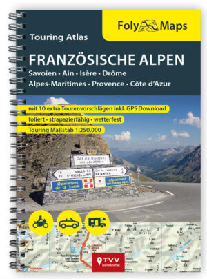 FolyMaps Touring-Atlas. Der laminierte Ringbuch Atlas. Mit praktischer Spiralbindung. ca. 75 Seiten Atlas plus 10 Extra Tourentipps Für Motorrad • Cabrio • Wohnmobil Tourenmaßstab: 1:250 T Die idealen Begleiter für das Motorrad, Cabrio oder Wohnmobil. Die kompakten Straßen-Atlanten im Format A5 passen in den Tankrucksack auf dem Motorrad oder in jedes Handschuhfach. Durch die beidseitige Folierung sind die Kartenseiten wetterfest, reißfest sowie mit einem wasserlöslichen Stift beschreibbar. So lassen sich eigene Routen oder Anmerkungen eintragen und später wieder entfernen. Mit 10 extra Tourentipps! Zusätzlich gibt es die 10 schönsten Touren der jeweiligen Region als doppelseitige Tourentippps mit eingezeichneten Routen und redaktionellen Empfehlungen. Ohne Ortsregister