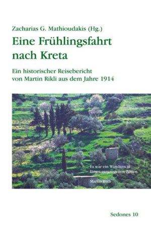 Im Frühjahr 1914, ein Jahr nach dem Anschluß der Insel an Griechenland, unternimmt eine 24köpfige Reisegesellschaft aus Zürich eine naturwissenschaftliche Exkursion nach Kreta. Die Gäste aus der Schweiz werden von den örtlichen Honoratioren und von der Bevölkerung herzlich willkommen geheißen, steht das Unternehmen doch unter dem Patronat des griechischen Königs Konstantin. Martin Rikli notiert am Ende seines Reiseberichts: "Das Ungemach und die gelegentlichen Entbehrungen, die eine solche Reise mit sich bringen, sind längst vergessen