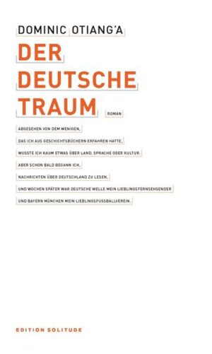 Der Deutsche Traum entstand während Dominic Otiang'as Stipendienaufenthalt 2013/2014 an der Akademie Schloss Solitude als Fortsetzung und Überarbeitung seines Romans 'The Dalaian Immigrant'. Gewidmet ist das Buch allen Migranten weltweit. Es erzählt die Geschichte eines jungen Studenten aus einem afrikanischen Land. Seine Erfahrungen in Deutschland, sein Traum vom Erfolg und sein Bestreben, Würde, Ansehen und moralische Wertvorstellungen nicht den Zwängen des Alltags und Broterwerbs unterzuordnen, sind überschattet von den Regelungen eines strengen Ausländergesetzes und dem gesellschaftlichen Druck, dem Ausländer in Deutschland ausgesetzt sind. Dominic Otiang’a, geboren 1987 in Busia, Kenia, lebt und arbeitet als freischaffender Autor in Deutschland und Kenia. Er zählt zur jungen Generation der kenianischen Romanautoren. Dominic Otiang’a war 2013/2014 Stipendiat der Akademie Schloss Solitude.