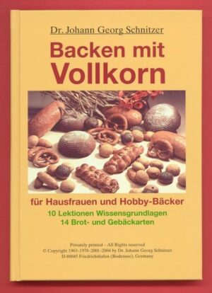 Für den gesundheitlichen Wert von Vollkornbrot und -gebäck ist die erste Voraussetzung, dass die verwendeten Getreide keimfähig sind und erst unmittelbar vor der Teigbereitung frisch gemahlen werden. Darüber hinaus braucht es zusätzliches Wissen, um optimale, wohlschmeckende, appetitanregende und vor auch allem gesundheitlich hochwertige Backergebnisse zu erzielen. Und dazu braucht es konsequent gesunde, gute und zuverlässige Rezepte. Diese hat Dr. Johann Georg Schnitzer in den 1960-ern entwickelt und in vielen Wochenendkursen Laien und Bäcker im "Backen mit Vollkorn" unterrichtet. Später änderte man alle Rezepte ab, so dass derzeit kein Backprodukt mehr nach Originalrezept von Dr. Schnitzer erhältlich ist. Lange war auch dieses Buch vergriffen. Jetzt hat er das ganze Buch überarbeitet, so dass er es im Eigenverlag wieder heraus bringen konnte, und jedermann - besonders Hausfrauen und Hobbybäcker - köstliches und gesundes Vollkornbrot und Vollkorngebäck selber backen können.