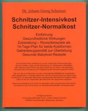 Die Schnitzer-Kost orientiert sich an der frugivoren Urnahrung des Menschen. Sie nutzt die aus Wildpflanzen entwickelten Kulturpflanzen in Zubereitungsformen, welche die Entstehung früher Hochkulturen mit gesunden Menschen und gesundem Nachwuchs ermöglicht haben. Der Stoffwechsel des Menschen ist genetisch immer noch auf seine frugivore Urnahrung programmiert. Deshalb ist die "Anpassung" an denaturierte und artfremde Zivilisationskost misslungen. Die Folgen sind weit verbreitete Zivilisationskrankheiten. So bald der Stoffwechsel wieder die richtigen "Stoffe zum Wechseln" erhält, heilen die meisten der "unheilbaren" Zivilisationskrankheiten zügig aus. Auch das Körpergewicht Über- wie Untergewichtiger normalisiert sich. Köstliche Zubereitungen werden im Buch in Form eines 14-Tage-Planes genau beschrieben. Mahlzeiten dieser Kost sättigen nachhaltig, verleihen vitale Energie und regenerieren den Organismus. Frische und vitalstoffreiche Babykost-Rezepte erlauben eine körperlich wie geistig optimal gesunde Entwicklung der Kinder.