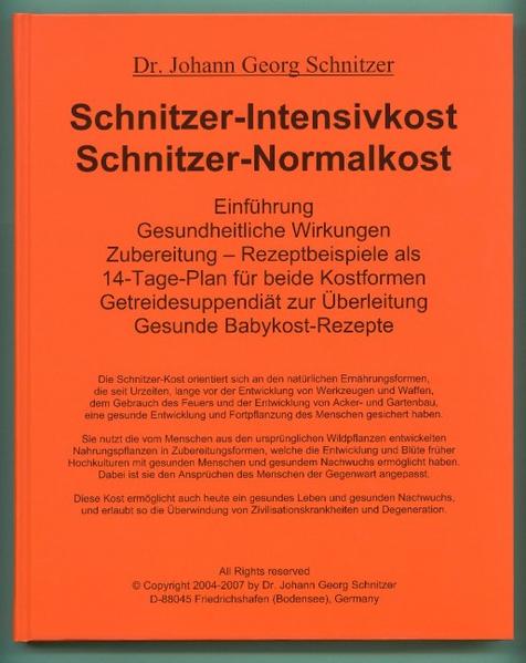 Die Schnitzer-Kost orientiert sich an der frugivoren Urnahrung des Menschen. Sie nutzt die aus Wildpflanzen entwickelten Kulturpflanzen in Zubereitungsformen, welche die Entstehung früher Hochkulturen mit gesunden Menschen und gesundem Nachwuchs ermöglicht haben. Der Stoffwechsel des Menschen ist genetisch immer noch auf seine frugivore Urnahrung programmiert. Deshalb ist die "Anpassung" an denaturierte und artfremde Zivilisationskost misslungen. Die Folgen sind weit verbreitete Zivilisationskrankheiten. So bald der Stoffwechsel wieder die richtigen "Stoffe zum Wechseln" erhält, heilen die meisten der "unheilbaren" Zivilisationskrankheiten zügig aus. Auch das Körpergewicht Über- wie Untergewichtiger normalisiert sich. Köstliche Zubereitungen werden im Buch in Form eines 14-Tage-Planes genau beschrieben. Mahlzeiten dieser Kost sättigen nachhaltig, verleihen vitale Energie und regenerieren den Organismus. Frische und vitalstoffreiche Babykost-Rezepte erlauben eine körperlich wie geistig optimal gesunde Entwicklung der Kinder.