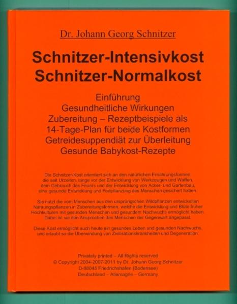 Die Schnitzer-Kost orientiert sich an der frugivoren Urnahrung des Menschen. Sie nutzt die aus Wildpflanzen entwickelten Kulturpflanzen in Zubereitungsformen, welche die Entstehung früher Hochkulturen mit gesunden Menschen und gesundem Nachwuchs ermöglicht haben. Der Stoffwechsel des Menschen ist genetisch immer noch auf seine frugivore Urnahrung programmiert. Deshalb ist die "Anpassung" an denaturierte und artfremde Zivilisationskost misslungen. Die Folgen sind weit verbreitete Zivilisationskrankheiten. So bald der Stoffwechsel wieder die richtigen "Stoffe zum Wechseln" erhält, heilen die meisten der "unheilbaren" Zivilisationskrankheiten zügig aus. Auch das Körpergewicht Über- wie Untergewichtiger normalisiert sich. Köstliche Zubereitungen werden im Buch in Form eines 14-Tage-Planes genau beschrieben. Mahlzeiten dieser Kost sättigen nachhaltig, verleihen vitale Energie und regenerieren den Organismus. Frische und vitalstoffreiche Babykost-Rezepte erlauben eine körperlich wie geistig optimal gesunde Entwicklung der Kinder.