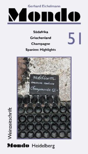 Gerhard Eichelmann, der Autor des Standardwerks über deutschen Wein, stellt in seiner unabhängigen Weinzeitschrift Mondo Weine aus aller Welt vor. Ausgabe 51 setzt den Schwerpunkt auf die aufsteigende Weinnation Südafrika (408 Weine), zeigt die Vielfalt in Griechenland (160 Weine), Spitzen-Champagner (138 Champagner) und Highlights aus Spanien (113 Weine). Im umfangreichen Marktteil werden weitere 507 Weine aus aller Welt präsentiert.