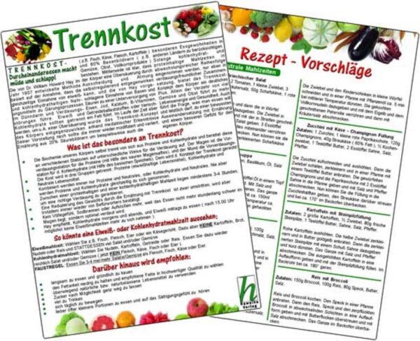 Trennkost Inhalt: Trennkost - Trennkost / Einleitung - das besondere an Trennkost - Beispiel einer Eiweiß- od. Kohlenhydratmahlzeit - weitere Empfehlungen - Trennkost - Tabelle - nicht empfohlene Lebensmittel - diverse Rezept - Vorschläge - leicht verständlich - Größe DIN A5 - laminiert & abwaschbar Vorteile: - kein mühsames nachschlagen in Fachbüchern - sofortiges Auffinden der gesuchten med. Daten - Zusammenfassung aller wichtigen Fachinformationen - abwaschbar + abriebsfest durch Laminathülle - mehrfarbig gestaltet