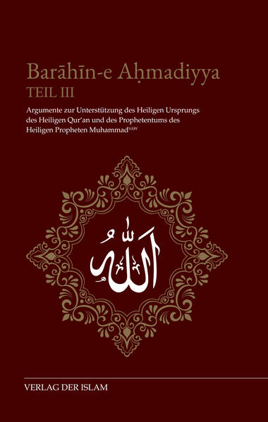 Die welthistorische Bedeutsamkeit dieses Buches, dessen dritter Teil hier vorliegt, ist nicht hoch genug einzuschätzen. Es handelt sich nämlich um nichts Geringeres als die erste große Monografie des Propheten unserer Ära, des Verheißenen Messias des Islam, Hadhrat Mirza Ghulam Ahmad (as), der als Prophet der Endzeit von Gott gesandt wurde, um den Weg zu Ihm, den Pfad wahrer Erlösung im Diesseits und Jenseits, der Menschheit erneut klar und deutlich kundzutun. In diesem Buch wird das Verhältnis zwischen Vernunft und Offenbarung neu ausgerichtet, wird aufgezeigt, dass die Abkehr von der Offenbarung Gottes den modernen Menschen in die Dunkelheit geführt hat. Einer Dunkelheit, der er nur entrinnen kann, wenn er sich über die Wahrhaftigkeit des Islam, also des Heiligen Propheten Muhammad (saw) und des Heiligen Qur'an (Koran), im Klaren wird. Sodann legt der Verfasser, neben einer vorangestellten systematischen Begründung des Wahrheitsgehalts von Offenbarungen, in diesem fünfteiligen Werk hunderte von Argumenten vor, die der vernunftsgläubigen Moderne klarmachen sollen, dass wahre Aussagen über metaphysische Sachverhalte nicht nur möglich sind, sondern fundamental sind für die Erlangung von Gotteserkenntnis-einer Erkenntnis, die allein den Menschen Erlösung schenkt im Diesseits und Jenseits.