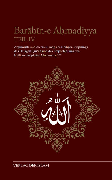 Die welthistorische Bedeutsamkeit dieses Buches, dessen vierter Teil hier vorliegt, ist nicht hoch genug einzuschätzen. Es handelt sich nämlich um nichts Geringeres als die erste große Monografie des Propheten unserer Ära, des Verheißenen Messias des Islam, Hadhrat Mirza Ghulam Ahmad (as), der als Prophet der Endzeit von Gott gesandt wurde, um den Weg zu Ihm, den Pfad wahrer Erlösung im Diesseits und Jenseits, der Menschheit erneut klar und deutlich kundzutun. In diesem Buch wird das Verhältnis zwischen Vernunft und Offenbarung neu ausgerichtet, wird aufgezeigt, dass die Abkehr von der Offenbarung Gottes den modernen Menschen in die Dunkelheit geführt hat. Einer Dunkelheit, der er nur entrinnen kann, wenn er sich über die Wahrhaftigkeit des Islam, also des Heiligen Propheten Muhammad (saw) und des Heiligen Qur'an (Koran), im Klaren wird. Sodann legt der Verfasser, neben einer vorangestellten systematischen Begründung des Wahrheitsgehalts von Offenbarungen, in diesem fünfteiligen Werk hunderte von Argumenten vor, die der vernunftsgläubigen Moderne klarmachen sollen, dass wahre Aussagen über metaphysische Sachverhalte nicht nur möglich sind, sondern fundamental sind für die Erlangung von Gotteserkenntnis-einer Erkenntnis, die allein den Menschen Erlösung schenkt im Diesseits und Jenseits.