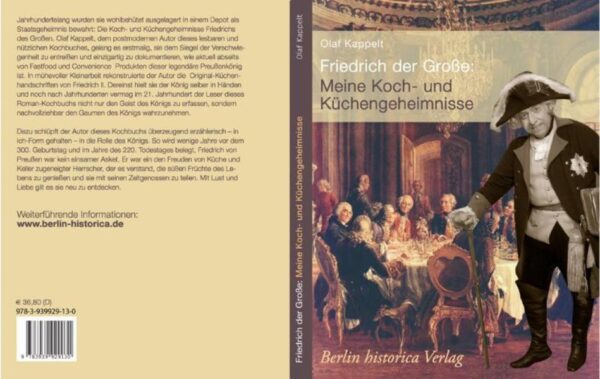 Jahrhundertelang wurden sie wohlbehütet ausgelagert in einem Depot als Staatsgeheimnis bewahrt: Die Koch- und Küchengeheimnisse Friedrichs des Großen. Olaf Kappelt, dem postmodernen Autor dieses lesbaren und nützlichen Kochbuches, gelang es erstmalig, sie dem Siegel der Verschwiegenheit zu entreißen und einzigartig zu dokumentieren, wie aktuell abseits von Fastfood und Convenience Produkten dieser legendäre Preussenkönig ist. In mühevoller Kleinarbeit rekonstruierte der Autor die Original-Küchenhandschriften von Friedrich II. Dereinst hielt sie der König selber in Händen und noch nach Jahrhunderten vermag im 21. Jahrhundert der Leser dieses Roman-Kochbuchs nicht nur den Geist des Königs zu erfassen, sondern nachvollziehbar den Gaumen des Königs wahrzunehmen. Dazu schlüpft der Autor dieses Kochbuchs überzeugend erzählerisch - in Ich-Form gehalten - in die Rolle des "Alten Fritz". So wird kurz vor dem 300. Geburtstag des großen Königs belegt, Friedrich von Preussen war kein einsamer Asket. Er war ein den Freuden von Küche und Keller zugeneigter Herrscher, der es verstand, die süßen Früchte des Lebens zu genießen und sie mit seinen Zeitgenossen zu teilen. Mit Lust und Liebe gilt es sie neu zu entdecken.