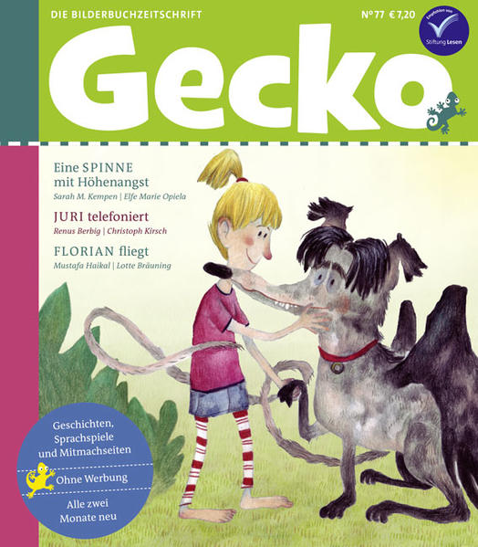 In Gecko 77 geht es hoch hinaus - mit drei neuen bunten Vorlesegeschichten: Die Spinne Elvira hat Höhenangst, Juri macht am Telefon Quatsch mit Joghurt und Lauras Drachenhund Florian hebt ab in luftige Höhen! Hui! Mit Gecko 77 beginnt auch die neue Rubrik »Schrott- Zoo« der dänischen Künstlerin Annika ØyrabØ. Hier können Eltern und Kids sich inspirieren lassen, wie man aus Recyclingmaterial große Zoo- Tiere baut. Nummer 1: der Schrott- Elefant. Dazu: ein fliegendes Pappteller- UFO zum Selberbauen, ein Song zum Anhören und Mitsingen und Gedichte, Sprachspiele und Mitmachseiten! Die Künstlerinnen und Künstler: Sarah M. Kempen, Elfe Marie Opiela, Renus Berbig, Christoph Kirsch, Mustafa Haikal, Lotte Bräuning, Stefanie Duckstein, Petra Kühnholz, Bettina Bexte, Annika ØyrabØ, Mascha Greune, Dominik Merscheid, Ulf K., Astrid Walenta, Julia Dürr, Ina Nefzer.