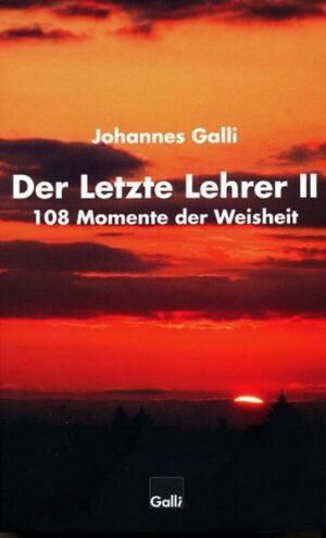 Nachdem der erste Band: „Der letzte Lehrer“ viele Leser inspiriert hat, legt Johannes Galli nun den zweiten Band des Letzten Lehrers vor. Johannes Galli im Vorwort: „Das vorliegende Buch kann von der geneigten Leserin oder dem geneigten Leser auf dreifache Weise verwendet werden: Einmal kann man es so lesen, wie man andere Bücher auch liest: Eine Geschichte nach der anderen. Man kann sich aber auch erkenntnismäßig orientiert durch die hundertacht Momente der Weisheit hindurcharbeiten: Dann nimmt man sich jeden Tag eine der einhundertacht Momente der Weisheit vor, um ihn auf Tiefe, Wahrheitsgehalt und Bezug zu sich selbst zu überprüfen. Dieses Buch ist aber auch als Orakel zu nutzen. So stellt man beispielsweise eine Frage, die einen aktuell beschäftigt, und schlägt das Buch dann spontan nach Zufallsprinzip auf irgendeiner Seite auf … und dort steht dann überraschend die Antwort schwarz auf weiß! Wer die Geschichten des Letzen Lehrers mit dem Herzen liest, wird hie und da erschrecken. Keine Angst! Damit sich etwas bewegt, ist hier und da unbedingt ein Schock nötig. So will der Letzte Lehrer auf keinen Fall belehren, sondern lediglich Bewegung ins Leben bringen!“