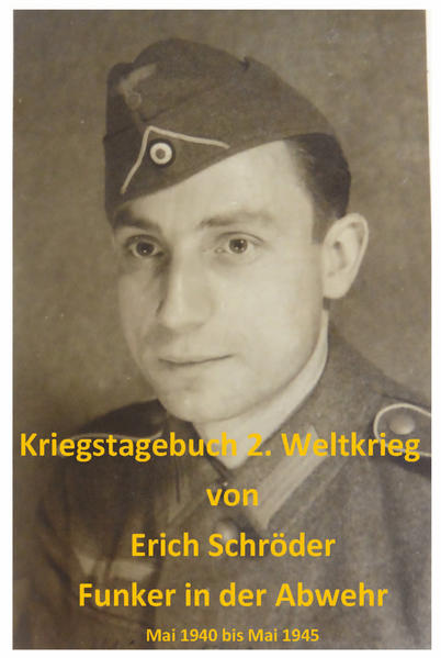 Erich Schröder wurde im Mai 1940 zum Kriegsdienst eingezogen und kam aufgrund seiner Tätigkeit als Postbeamter zur Abwehr. Schröder wurde nach seiner Ausbildung zum Funker in Posen und Krugsdorf zunächst nach Bordeaux, dann nach San Sebastian versetzt, wo er als Zivilist auftreten musste, da Spanien nicht am Krieg beteiligt war. Dort hatte er ein eher ruhiges, friedliches Leben. Doch im Jahr 1941 ging es zurück nach Berlin und von dort in seinen ersten Russlandeinsatz. Hier wurde er zum ersten Mal mit den Schrecken des Krieges konfrontiert, hier musste er mit den Tücken des Alltags kämpfen. Aber immer aus relativer Sicherheit hinter der Front. Schröder führte während seiner ganzen Dienstzeit bis zum Ende des Krieges fein säuberlich ein privates Tagebuch mit Orts- und Zeitangaben. Dazu gibt es ein Fotoalbum, auch diese Bilder tragen das genaue Datum. Erst 20 Jahre nach seinem Tode wurde es von der Tochter entdeckt, bearbeitet und als Buch herausgegeben. Über seine dienstliche Tätigkeit durfte er nicht schreiben, das war geheim, doch berichtet er über seinen Alltag als Soldat. Im Text erwähnt sind viele Namen von Kameraden, die Fotos wurden in den Text eingearbeitet und zeigen ebenfalls viele seiner Kameraden von der Abwehr.