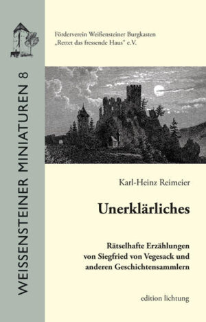 Zu jeder Burg gehören Spukgeschichten. So ist es auch bei der Burg Weißenstein, in deren Turm der baltische Schriftsteller Siegfried von Vegesack mit seiner Familie mehr als 50 Jahre lang lebte. Ausgehend von der Sage um die „Hexe von Weißenstein“ untersucht Karl- Heinz Reimeier Unerklärliches im Werk von Siegfried von Vegesack. Er wirft außerdem einen Blick auf die Sagenwelt des Baltikums, die Vegesack aus seiner Kindheit vertraut war, und vergleicht sie mit Erzählungen aus seiner neuen Heimat. Auf die „Weihrazgeschichten“ und andere selbst gesammelte Geistergeschichten aus dem bayerisch- böhmischen Grenzgebiet geht Reimeier besonders ein und führt beispielhaft einige Erzählungen auf. Gerahmt wird der Band von einem Prolog des Volkskundlers Prof. Dr. Reinhard Haller und von einem abschließenden Blick auf die aktuelle Forschung zu unerklärlichen Phänomenen.