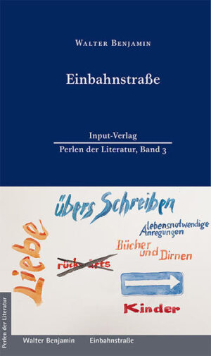 Walter Benjamins „Einbahnstraße“ führt den Leser in vielfachen Denkanstößen zu einem für jeden richtungsweisenden Ziel. Sein Themenspektrum ist breit gestreut. Die Originalausgabe von 1928 ist moderner als vieles, das Autoren und Philosophen seitdem geschrieben haben. Michael Krüger, langjähriger Hanser-Verleger: „Das Buch liegt seit vielen Jahren auf meinem Nachttisch und gibt mir lebensnotwendige Anregungen.“ In einer Einbahnstraße gibt es keinen Gegenverkehr. Der Autor bleibt ganz bei sich und seinen Assoziationsketten. Er biedert sich nicht an beim Leser, sondern zwingt ihn zu folgen. Und von einer neuen Erkenntnis geht es nicht rückwärts! Die Impulse von Walter Benjamins „Einbahnstraße“ sind keineswegs einseitig: Über Kinder weiß er viel