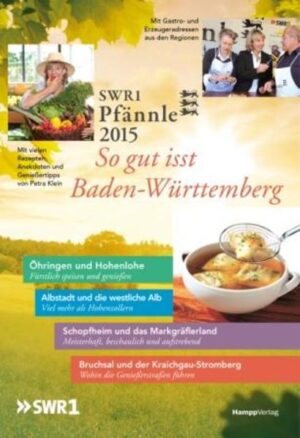 Seit 18 Jahren beweist SWR1 Pfännle jedes Jahr aufs Neue: So gut isst Baden-Württemberg! Beim Schau-Kochen mit SWR1-Moderatorin Petra Klein zeigen Profis, wie’s geht und verraten gerne praktische Tipps für zu Hause. Veranstaltungsorte 2015: Albstadt (6.9.), Schopfheim (13.9.), Bruchsal (20.9.) und Öhringen (27.9.). Das SWR 1 Pfännle-Magazin präsentiert die Highlights der diesjährigen Veranstaltungsorte und -regionen, aber auch Anekdoten, heitere Begebenheiten und lustige Erlebnisse der vergangenen Jahre: Geschichten um Menschen und Produkte, Erlebnisse der SWR1-Moderatorin Petra Klein sowie viele Rezepte, nützliche Gastrotipps und Adressen der wichtigsten Erzeuger und Hofläden der Regionen.