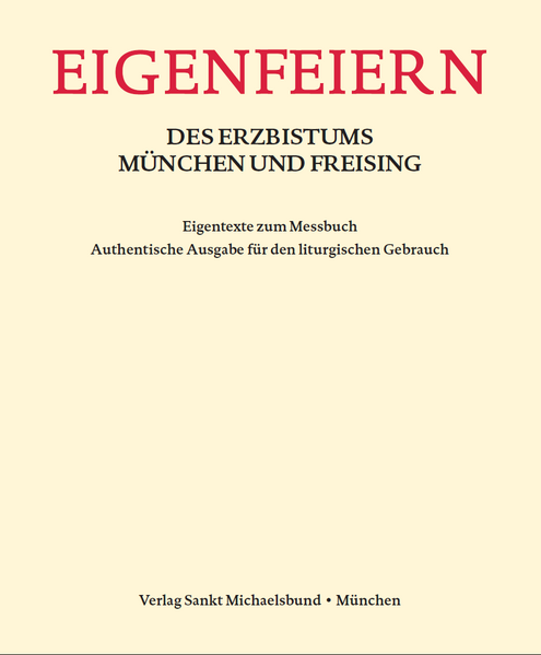 Für die Feier der Eucharistie stellt das Erzbistum München und Freising mit diesem Einleger für die Altarausgabe des Messbuchs die liturgischen Texte seiner speziellen Feste des Kirchenjahres vor, die im Allgemeinen Römischen Kalender (Generalkalender) oder im Regionalkalender für das deutsche Sprachgebiet nicht enthalten sind oder eine andere Gewichtung haben. Die „Eigenfeiern“ sind eine unverzichtbare Ergänzung für die Feier der Liturgie im Erzbistum.