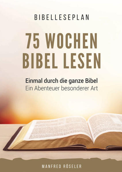 Dieser Bibelleseplan führt dich in 75 Wochen (18 Monaten) einmal durch die ganze Bibel. Du beschäftigst dich während 50 Wochen mit dem Alten Testament und 25 Wochen mit dem Neuen Testament. Für jeden Tag findest du einen Bibeltext und zwei Fragen. Dies fordert dich heraus, die Bibeltexte gründlich zu lesen. Notiere deine Antwort auf dem vorgesehenen Platz. Außerdem werden zu jedem Buch der Bibel wichtige Hintergrundinformationen geliefert. Die Bibel, das Wort Gottes, ist die Nahrung für unser geistliches Leben. Es sollte für einen Christen zur Gewohnheit werden, jeden Tag etwas Zeit mit dem Wort Gottes zu verbringen und sich Zeit für das Gebet zu nehmen. Gott spricht zu uns durch sein Wort, und durch das Gebet sprechen wir mit ihm. Die Bücher wurden mit strapazierfähiger Fadenheftung gebunden. Somit können sie gut aufgeschlagen werden, um darin zu schreiben.