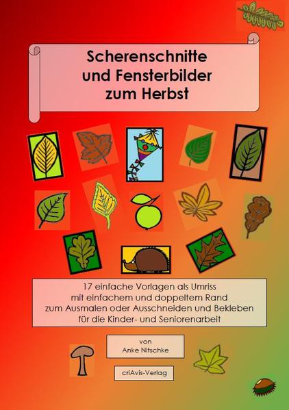 Das vorliegende Material „Scherenschnitte und Fensterbilder zum Herbst“ bietet 17 verschiedene, motivisch vereinfachte Vorlagen zum Bemalen oder Ausschneiden. Die Vorlagen lassen sich entweder auf weißes Papier kopieren und einzeln bemalen oder auf die Rückseite von bunten oder schwarzen Kar- ton übertragen (abpausen), um ihre Formen mit Messer oder Schere, je nach Leistungsfähigkeit des Bastelnden, auszuschneiden. Jedes Motiv wird daher mit doppeltem Rahmen und mit einfachem Umriss angeboten, so dass gestalterische Freiheiten möglich sind. Die fertigen Bei- spiellösungen sieht man auf dem Titelbild dieses Heftes. Die Bilder können zur Binnendifferenzierung durch weitere, selbst gestaltete Papierelemente, die mit in die Vorlage geklebt werden, erweitert werden. Be- sonders gut gelingt dies bei schwarzem Tonkarton. Die fertigen Ergebnisse können laminiert und so leicht als Bilder an Fenstern oder Wänden aufgehängt werden.