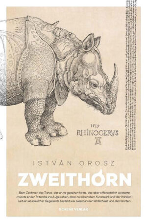 "István Orosz …? Ist der nicht Grafiker?“ „Doch. Er ist ein bekannter bildender Künstler, ein genialer Typ!“ „Das ist merkwürdig, denn in diesem Buch sind gar keine Zeichnungen. Nur Buchstaben. Und ein Rhinozeros auf dem Einband. Ist das wenigstens von ihm?“ „Nein, das ist von Albrecht Dürer.“ „Von dem deutschen Dürer?“ „Genau. Der ist nach Ansicht der Ungarn aber auch Ungar. Jedenfalls durch seinen Vater …“ „Und dann dieses Zweithorn, was für ein komischer Titel!! Bezieht er sich auf das Rhinozeros? Ist das dann so ein Tierkundebuch?“ „Hier steht: Erzählungen.“ „Dann kann es aber sein, dass es sich um persönliche Geschichten handelt, um ein Selbstbekenntnis: Der Autor selbst ist das Rhinozeros, dessen eigentliches Horn die bildende Kunst ist
