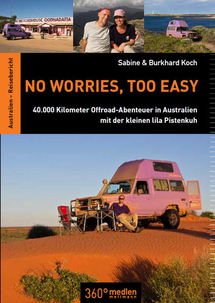 Text Buchrücken 40.000 Kilometer Abenteuer in 18 Monaten: In dem Buch “No worries - too easy” nehmen Sabine und Burkhard Koch ihre Leser mit auf eine außergewöhnliche Geländewagentour quer durch Australien. Auf ihren Reisewegen “off the beaten track”, bei denen ihr Toyota fast umstürzt, mal bis zum Lenkrad voll Wasser steht oder stundenlang weit ab jeglicher Zivilisation im Morast fest steckt, begegnen sie vielen ungewöhnlichen Menschen. Sie reden mit, Lehrern, illegalen Goldschürfern, Politikern, Roadtrainfahrern, Anwälten, Farmern, Stammesältesten, Managern, dem Präsidenten einer Motorradgang und erfahren Hintergründe, die gewöhnlich unter der Oberfläche verborgen blieben. Das Ergebnis ist ein lebhaft geschriebener und fesselnder Einblick in die unterschiedlichen Sichtweisen der Australier und dem Reisealltag zweier Abenteurer. Neugierig geworden? No worries, einfach lesen, too easy.