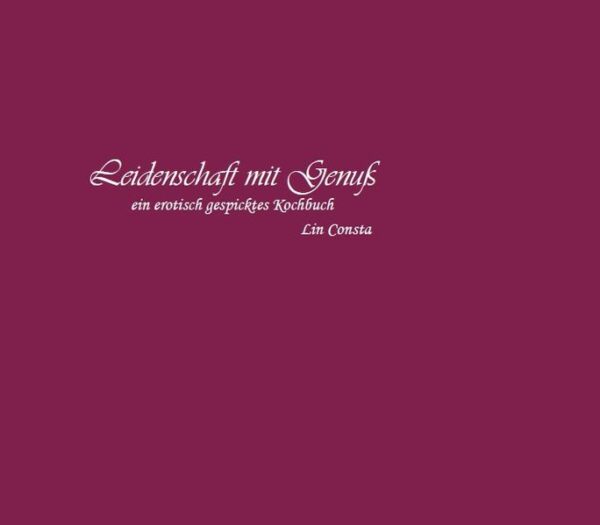 "Leidenschaft mit Genuß“ ist eine Kombination aus phantasievollen, erotischen Geschichten zum Träumen und Rezepten für zwei, illustriert mit Tinte-Zeichnungen der Autorin. Das Buch vereint Phantasien voller Lust mit der Anregung, sich und andere mit einem appetlichen Menü zu verwöhnen.