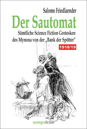 Der im Sommer 1918 geschriebene 450-seitige „Roman“ „Die Bank der Spötter“ wurde von Salomo Friedlaender (1871 - 1946) als Sammlung von 19 Grotesken konzipiert, die durch eine Rahmenhandlung um die gleichnamige Literaturgesellschaft verbunden wurden. Utopisches Konnektiv ist dabei der von Friedlaender 1913 eingeführte Prof. Abnossah Pschorr, der „Erfinder des Ferntasters, des Phonographen, der heute noch die Worte Goethes widertönt, der Funktionär der physiologischen Telegraphie ohne Draht, der praktische Kosmisierer des Leibes und Vakuumreiniger der Seele.“ Aus dem überwiegend nichtutopischen „Roman“ werden erstmals sämtliche eigenständigen Science Fiction & Fantasy Grotesken und SF-Marginalien extrahiert und anlässlich Friedlaenders 75. Todestag am 9. September 2021 in einem Band herausgegeben. Friedlaender präsentiert hier ein utopisches Feuerwerk, indem er u.a. als Zukunftslösung der sexuellen Frage einen „Sautomat“ entwirft, mit dem beliebige Sexualpartner z.B. die Mona Lisa oder die ältere Ehefrau wieder in jungen Jahren sowie die eigene Person als andersgeschlechtliche Variante geformt werden können. Er entdeckt eine anthropoide Stadt in Menschengestalt, lässt die Menschheit durch eine „Litfaßsäulen-Literaturgesellschaft“ bilden und veredeln, nutzt Zeppeline zur Bewässerung der Landwirtschaft in (höchst aktuellen) Dürrezeiten und lässt aus ihnen Bomben mit „belebenden Sauerstoffmischungen“ werfen, die „die Atmosphäre rundumher erfrischten und durchdufteten“. Die Erde wird durchsichtig gemacht und aufgrund eines leistungsstarken Elektromagneten wird der Erfinder göttlich verehrt, während eine in der Zukunft elektrisch aufgerüstete Straßenbahn mit „elektrischen Stühlen“ den Beginn einer neuen hypermobilen Verbrechensära einleitet. Abnossah Pschorr hat hingegen seinen Telehaptor von 1913 und Stereographen von 1916 weiterentwickelt, projiziert und multipliziert Hologramme von Personen und Situationen, sowie schult utopisch seine Jünger, sodass es künftig ausreicht, durch Einnahme einer neuartigen Pille die Realität manipulieren zu können und u.a. in einer Hutmacherleiche ein apokalyptisches Berlin visualisiert wird. Den Antisemiten interpretiert Friedlaender als rückständige Zwischenstufe der Evolution, als Atavismus der menschlichen Entwicklung und führt in einer Utopie den Judenhass ad absurdum. So gelingt es (deutschen) Wissenschaftlern den Antisemitismus, der bereits mit der chemisch konditionierten Muttermilch eingesogen werden kann, vom Menschen auf die Umwelt (wie einen Virus) zu übertragen und sie für Judenhass zu disponieren. Rosen riechen für jüdische Kinder nach Knoblauch, Felsen brechen ab, wenn Juden an ihnen bergsteigen und dort wo viele Juden wie in Palästina leben, kommt es zu „antisemitischen Erdbeben“. Das Pferderennen ohne PferdDie anthropoide Stadt Utopische Allotria Die literarische Litfaßsäulen-GesellschaftDie andressierte Unsterblichkeit Der Eierschänder SautomatDie organische Erfindung Die blutige Ypsilon Das Schicksal als KinematoskopSchone deines Kindes Hut! Der verliebte KleiderkastenAntisemitische UtopieDer elektromagnetische BuckelSpandau in der HutmacherleicheNachwort: Die frühen Science Fiction Grotesken des Mynona 1909 -1919