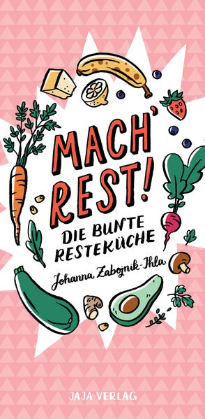 "Was mit den übrigen Möhren, dem Rest-Rucola oder den braunen Bananen machen? Wegschmeißen? Auf keinen Fall! Mach´Rest und zaubere aus deinen Resten leckere und einfache Gerichte." so die Comiczeichnerin und Illustratorin Johanna Zabojnik-Ihla, die mit "Mach´ Rest" ihr zweites Rezepteheft im Jaja Verlag verlegt. Einfach und witzig illustriert sie die Zutaten, macht aus den Anleitungen übersichtliche Schaubilder, ja, und dem Leser Appetit.