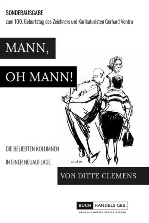 Ein Jahr lang erschienen in der Ostsee-Zeitung einmal in der Woche die „Mann-oh-Mann-Kolumnen“ der Schriftstellerin Ditte Clemens. Die Reaktionen auf diese Beiträge, vor allem von Männern, waren enorm. Sie schrieben unter anderem: - Hier werden Männer auf‘s Korn genommen, aber nicht verletzt. - Welch ein großartiges Mittel gegen den Montagsmorgenmißmut. - Woche für Woche ergötze ich mich an diesen scharfsinnigenerfrischenden Texten. - Ich habe lange nicht mehr so gelacht. - Gespannt hole ich jeden Montagmorgen die Zeitung aus demKasten und lese schon immer auf der Treppe die Kolumne. - Das geht runter wie Butter! ...und immer wieder tauchte die Frage auf, wann es diese Kolumnen gesammelt in einem Buch für die Nachwelt zu lesen gibt? Bitte, hier sind sie nun. Verziert, geschmückt, künsterlisch nochmals aufgewertet durch Zeichnungen von Gerhard Vontra (* 12. August 1920 in Altenburg