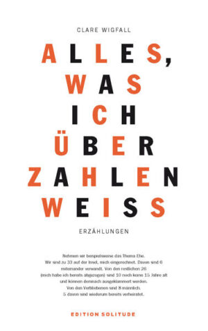 Der vorliegende Band enthält eine Auswahl ihrer Kurzgeschichten aus »The Loudest Sound and Nothing« in der deutschen Übersetzung von David Frühauf. Clare Wigfall war 2017 Stipendiatin der Akademie Schloss Solitude. »Alles, was ich über Zahlen weiß« ist ihr erster Erzählband in deutscher Sprache.