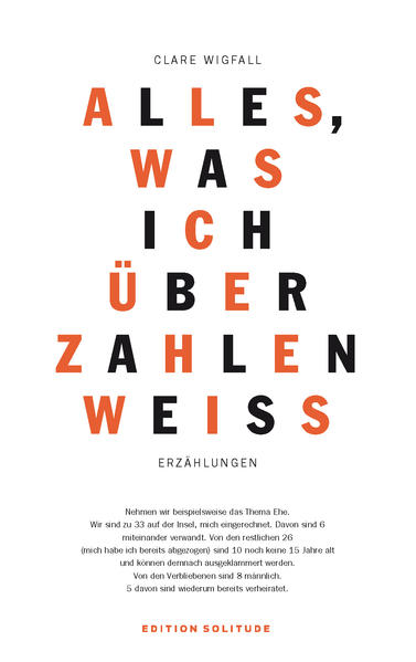 Der vorliegende Band enthält eine Auswahl ihrer Kurzgeschichten aus »The Loudest Sound and Nothing« in der deutschen Übersetzung von David Frühauf. Clare Wigfall war 2017 Stipendiatin der Akademie Schloss Solitude. »Alles, was ich über Zahlen weiß« ist ihr erster Erzählband in deutscher Sprache.