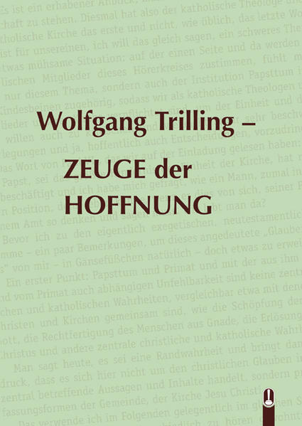 Wolfgang Trilling genießt ein hohes Ansehen in theologischen Fachkreisen sowohl katholischer als auch evangelischer Konfession vor allem in Europa und Amerika (Laudatio, Graz). Seine exegetischen Arbeiten wurden in vielen Sprachen publiziert, manche-wie „Das wahre Israel“ (1959)-galten lange als bahnbrechend und unüberholt. Ein Nachruf (Christ in der Gegenwart /1993) nennt Wolfgang Trilling „Zeuge in schwierigen Zeiten“-das meinte für Christen in der DDR: vier Jahrzehnte unter atheistischer Staatsdoktrin. 25 Jahre nach Trillings Tod trägt nun die vorliegende Publikation den Titel „Zeuge der Hoffnung“, zeichenhaft verknappt für das, was uns getragen hat und noch heute dankbar erinnern lässt an einen profilgebenden Mitgestalter, an seinen emanzipierten Umgang mit Kirche und Gesellschaft, an seinen ökumenischen Dialog-immer in Partnerschaft auf Augenhöhe. Seine vermittelnde Kompetenz, die eminent politische Dimension seines Fragens, aber auch die schmerzliche Intensität, mit der er die fehlende Öffentlichkeit seiner eigenen Kirche in der DDR erlebte, ja aushielt-das macht Wolfgang Trilling zum glaubwürdigen Weggefährten und Hoffnungsträger bis heute-dieses Buch kann davon Zeugnis geben.