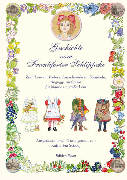 »Wie haaßt dann nu eigentlich unser Frankfurter Schlippche? Lottche oder Dorothea? Henriette oder Röschen? Josephine oder Emilie? Käthche oder Adele? Wilhelmine, Hedwig oder Marieche?« Möglich wär alles... Aber wie ich unser Schlippche kenn, wird das net verrate. Und es paßt ja auch viel besser so. »Schlippche« bedeutet »Schleifchen«, und da »Frankforter Mädercher«, kleine wie große, sich gerne mit denselben zu schmücken pflegten, ging dieser Name als Ehrentitel auf sie über. Wenn der geneigte Leser das Buch zur Hand nimmt und sich - möglichst im Verein mit »Großvadder, Großmudder, Vadder, Mudder, Bübcher und Mädercher« - an den Erlebnissen unseres Schlippchens im Laufe eines aufregenden Frankfurter Jahres erfreut, ihm beim Anziehen hilft und es am Schluß liebgewonnen hat, dann darf er ihm vielleicht selbst einen Namen geben - »Awwer nor, wann‘s Schlippche eiverstanne is!«. »Hinne im Buch gibt’s aach e klaa Wörderlist fier Leut, wo net aus Frankfort un kaa Schlippche sin!« Katharina Schaaf ist Spezialistin für die Frankfurter Mundart. Sie hat ein bezauberndes Buch geschrieben und gestaltet, das nicht nur gelesen oder vorgelesen werden soll. Das Schlippche kann auch mit verschiedenen Kleidern ausgestattet werden, die man ausschneiden kann. Und damit die gut aufbewahrt sind, gibt's sogar einen Kleiderschrank dazu.