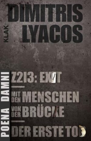 Dimitris Lyacos’ Trilogie "Poena Damni" entstand seit 1992 als "work-in-progress" mit Themen, die vom Sündenbock über die Wiederkehr der Toten bis zur Psychose reichen. Sie beginnt mit dem Schluss und geht zum Anfang zurück. Der Titel bezieht sich auf die Strafe der verdammten Seelen in der Hölle, die Gott nicht schauen dürfen. Die Charaktere befinden sich stets am Rande der Gesellschaft: Ein Flüchtling (Z213: EXIT), ein Ausgesetzter auf einer lebensfeindlichen Insel (Der Erste Tod) oder Ausgestoßene in einem dystopischen Hinterland (Mit den Menschen von der Brücke). Berühmt für ihre gattungsübergreifende Form und die avantgardistische Verknüpfung von Themen aus der literarischen Tradition mit Elementen aus Religion, Ritualen, Philosophie und Anthropologie, schafft die Trilogie eine Neubewertung der großen Erzählungen im Kontext der klassischen Motive des westlichen literarischen Kanons, während sie gleichzeitig zu den von der Kritik am meisten gefeierten postmodernen Werken des zweiten Jahrtausends zählt. Die als "Allegorie des Elends" apostrophierte Trilogie wird oftmals mit dem Schaffen von Autoren wie Thomas Pynchon, Samuel Beckett oder Cormac McCarthy verglichen. Mittlerweile in siebzehn Sprachen übersetzt, zählt sie heute zu den zu den meistgelesenen literarischen Werken des neuen Jahrtausends.