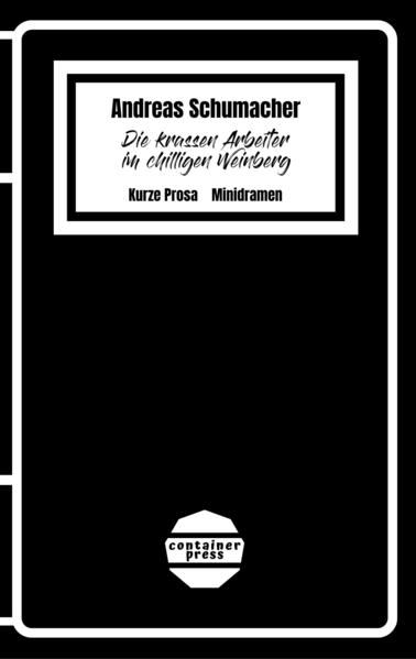 Andreas Schumachers zweiter Erzählband »Die krassen Arbeiter im chilligen Weinberg« enthält 23 Szenen und Geschichten. »Der anarchische Humor ist großartig, die pointierten Dialoge sind stark angelehnt an Alltagssituationen, die offenlegen, wie schwierig und unsinnig Kommunikation werden kann. Es wird um Worte gerungen und aneinander vorbeigeredet, dass es eine wahre Freude ist. Ein Meisterwerk an pointierten Absurditäten.« (Fred Spenner, UNDERDOG FANZINE)