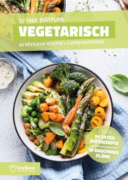 Mit der vegetarischen Ernährungsform kommen Sie in den Genuss vieler Vorteile und können Jahre an Leben und Lebensqualität gewinnen. Durch den hohen Pflanzenanteil in der Nahrung nehmen Sie zum Beispiel mehr Ballaststoffe zu sich. Das hat positive Auswirkungen auf die Darmflora und das Abnehmen. Die Reduzierung tierischer Fette verbessert den Cholesterinspiegel und damit auch die Herzgesundheit. Insbesondere der Verzicht auf rotes Fleisch vom Schwein und Rind reduzieren das Krebserkrankungsrisiko. Diese Fakten werden durch unzählige Studien belegt. Da die vegetarische Ernährung so gesund ist, wird sie sogar uneingeschränkt von der Deutschen Gesellschaft für Ernährung empfohlen. Das sie sehr schmackhaft ist und beim Abnehmen hilft, werden Sie mit den Rezepten in diesem Buch erfahren. Die 90 vegetarischen Rezepte in diesem Buch sind die beliebtesten, ausgewählt aus über 12.000 Rezepten der invikoo Rezeptdatenbank. Das gesunde Kochbuch mit einfachen und schnellen Rezepten für jeden Tag. Täglich erhalten Sie lecker schmeckende und sättigende Rezepte für Ihr Frühstück, Mittag- und Abendessen. Neben der Anleitung für die schnellen Einstiegserfolge mit den 3 Vitalfastentagen, bekommen Sie viele nützliche Infos, Tipps und Tricks für Ihre langfristige und erfolgreiche Gewichtsabnahme. Bonus 1: Zusätzlich zum Buch erhalten Sie einen weiteren Diätplan mit 90 Rezepten als E-Book. Sie haben die Wahl zwischen Low Carb, Vegan, Clean Eating, Low Fat und High Protein und können Ihren Kalorienbedarf auswählen. Zur Wahl stehen 1000-1200 kcal, 1200-1500 kcal und 1500-1800 kcal. Bonus 2: Zehn 10 Minuten Bauchweg Workouts mit ausführlicher schriftlicher Anleitung und als Video.