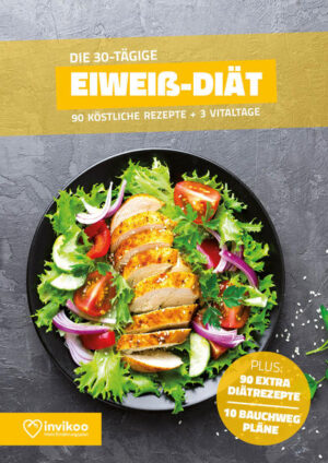 Die Eiweiß Diät wird oft mit einer Low Carb Diät gleichgesetzt. Bei der Eiweiß Diät von Invikoo wird der Fettanteil aber nicht erhöht, sondern reduziert. Wie bei der Low Fat Diät bleibt dieser Anteil unter 30 % der Nahrungsenergie. Der Eiweißgehalt wird dagegen erhöht und auch die Kohlenhydrate sind kein Tabu in dieser Ernährungsform. Allerdings sollten es die Vollwertigen sein. Mit dieser Ernährungsform haben Sie also ausreichend Energie im Alltag und kurbeln Ihren Stoffwechsel sehr gut an. Gleichzeitig haben Sie eine länger anhaltende Sättigung, was das Abnehmen deutlich leichter macht. Die 90 eiweißreichen und fettarmen Rezepte in diesem Buch sind die beliebtesten, ausgewählt aus über 12.000 Rezepten der invikoo Rezeptdatenbank. Täglich gibt es lecker schmeckende und sättigende Rezepte für das Frühstück, Mittag- und Abendessen. Neben der Anleitung für die schnellen Einstiegserfolge mit den 3 Vitalfastentagen, bekommt der Leser viele nützliche Infos, Tipps und Tricks für die langfristige und erfolgreiche Gewichtsabnahme. Bonus 1: Zusätzlich zum Buch erhalten Sie einen weiteren Diätplan mit 90 Rezepten als E-Book. Sie haben die Wahl zwischen Low Carb, Vegan, Clean Eating, Low Fat sowie Vegetarisch und können Ihren Kalorienbedarf auswählen. Zur Wahl stehen 1000-1200 kcal, 1200-1500 kcal und 1500-1800 kcal. Bonus 2: Zehn 10 Minuten Bauchweg Workouts mit ausführlicher schriftlicher Anleitung und als Video.