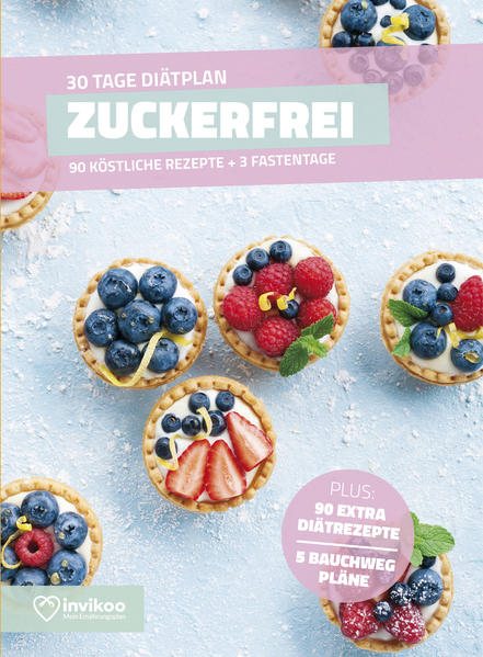 Die 90 Rezepte ohne Zucker sind die beliebtesten, ausgewählt aus über 10.000 Rezepten der invikoo Rezeptdatenbank. Sie sind arm an Kalorien und reich im Geschmack. Das gesunde Zuckerfrei Kochbuch mit einfachen und schnellen Rezepten für jeden Tag. Für die 30 Tage-Challenge erhalten Sie lecker schmeckende und sättigende Rezepte für Ihr Frühstück, Mittag- und Abendessen. Alle Rezepte von invikoo beinhalten nur natürliche und vitalstoffreiche Lebensmittel. Neben der Anleitung für die schnellen Einstiegserfolge mit den 3 Vitalfastentagen, bekommen Sie viele nützliche Infos, Tipps und Tricks für Ihre langfristige und erfolgreiche Gewichtsabnahme. Bonus 1: Zusätzlich zum Buch erhalten Sie einen weiteren Diätplan mit 90 Rezepten als E-Book. Sie haben die Wahl zwischen Clean Eating, Low Carb, Vegan, Vegetarisch, Low Fat und High Protein und können Ihren Kalorienbedarf auswählen. Zur Wahl stehen 1000-1200 kcal, 1200-1500 kcal und 1500-1800 kcal. Bonus 2: Fünf 10 Minuten Bauchweg Workouts mit ausführlicher schriftlicher Anleitung und als Video.